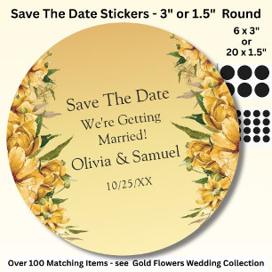 Sticker Rond Vos Noms, Sauvegarder La Date, Fleurs Jaune Doré