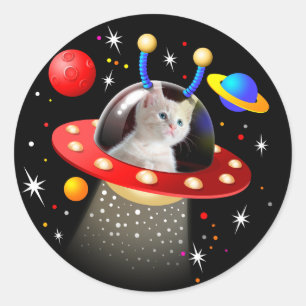 Sticker Rond Votre chat dans une soucoupe volante UFO SciFi