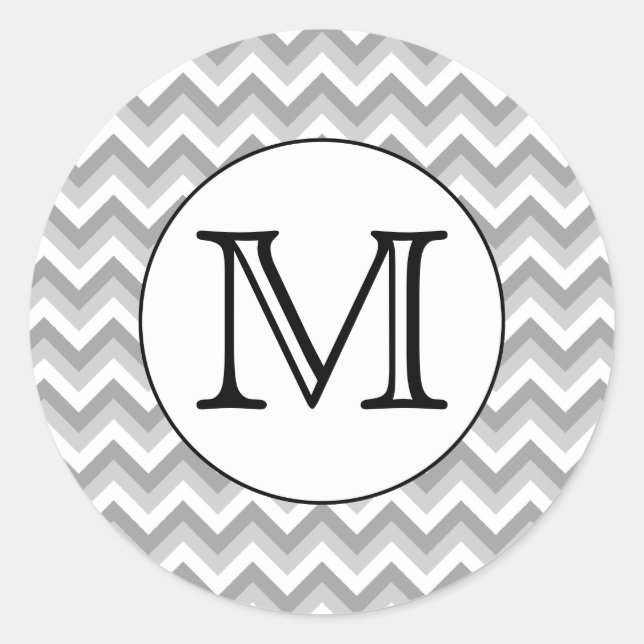 Sticker Rond Votre Lettre. Monogramme Motif de Zigzag gris. (Devant)