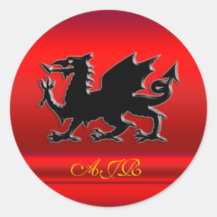 Sticker Rond Votre monogramme, dragon noir sur le