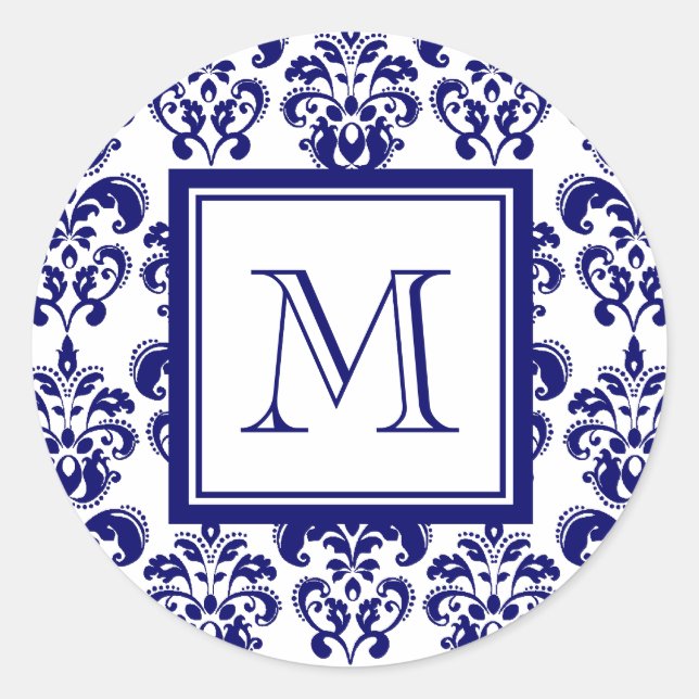 Sticker Rond Votre Monogramme, Modèle bleu marine Damas 2 (Devant)