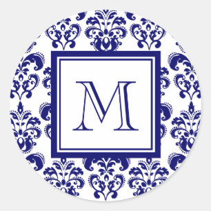 Sticker Rond Votre monogramme, motif 2 de damassé de bleu