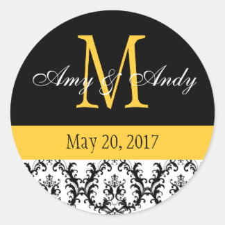 Sticker Rond Votre Monogramme, Sauvez la date Damas Noir Jaune