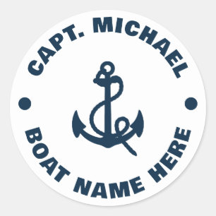 Sticker Rond Votre nom de bateau Nautical Blue blanc Ancre Capi