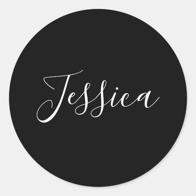 Sticker Rond Votre nom | Élégant script blanc sur noir (Devant)