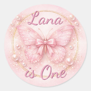 Sticker Rond " Votre Nom " Est Un Papillon Rose 1er Anniversair