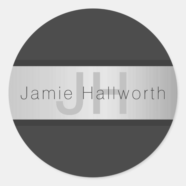 Sticker Rond Votre nom et votre monogramme | Gris & Faux Silver (Devant)