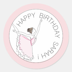 Sticker Rond Votre nom ici Pink Ballerina Joyeux anniversaire