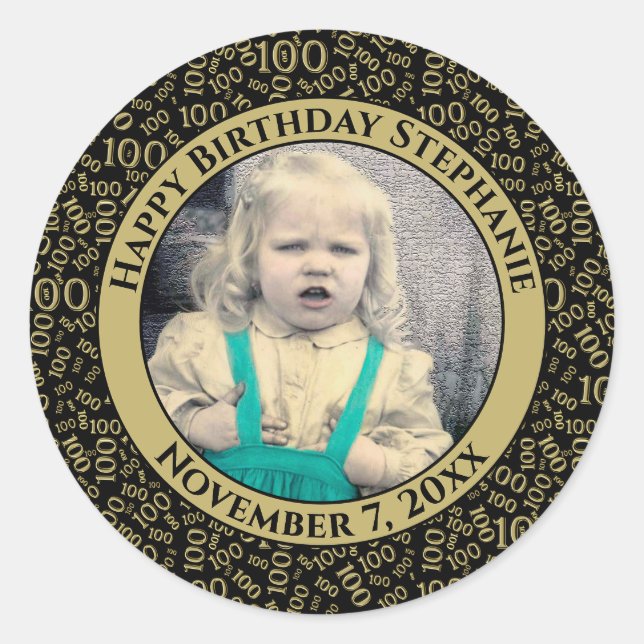 Sticker Rond Votre photo 100e Motif d'anniversaire | Noir/Or (Devant)