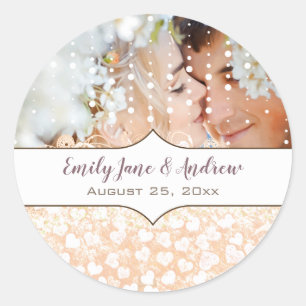 Sticker Rond Votre Photo Coeur Romantique Rose Feuille Or Rose 