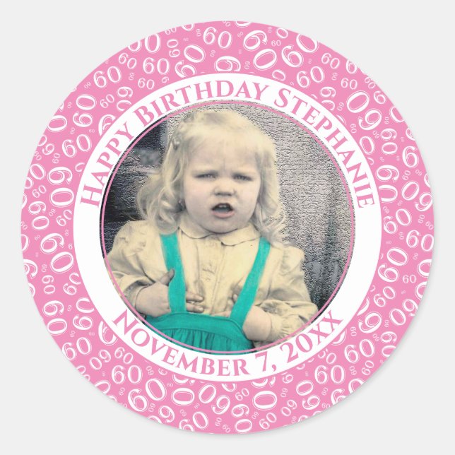 Sticker Rond Votre photo Numéro 60e anniversaire | Rose/Blanc 6 (Devant)