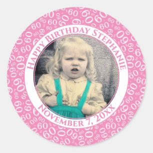 Sticker Rond Votre photo Numéro 60e anniversaire Rose/Blanc 6