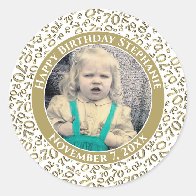 Sticker Rond Votre photo Numéro 70e anniversaire | Or/Blanc 70 (Devant)