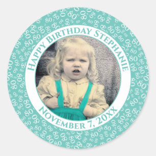 Sticker Rond Votre photo Numéro 80e anniversaire   Turquoise/bl
