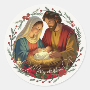 Sticker Rond Votre scène de nativité photo Bébé Jésus dans la c