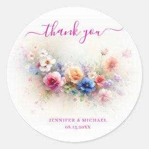 Sticker Rond Votre texte personnalisé Fleurs aquarelle Merci