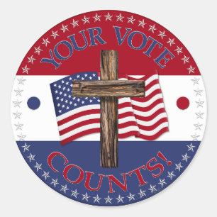 Sticker Rond Votre vote compte avec croix et drapeau américain