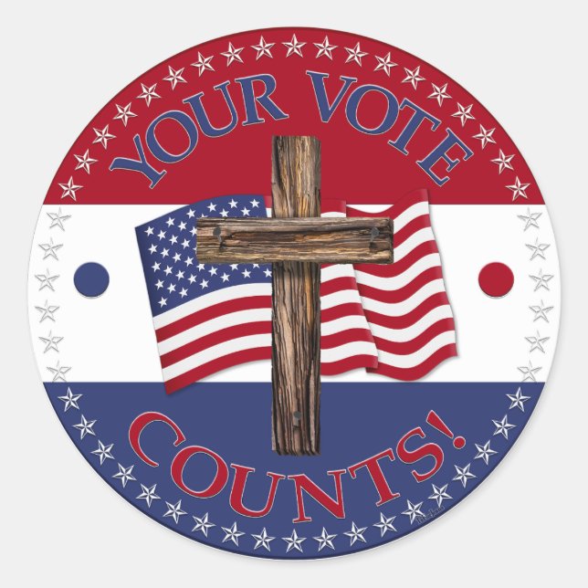 Sticker Rond Votre vote compte avec croix et drapeau américain (Devant)