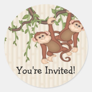Sticker Rond Vous êtes Invité ! jumeaux Baby shower des singes