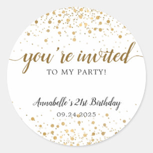 Sticker Rond Vous êtes Invited Party Gold Confetti 21e annivers