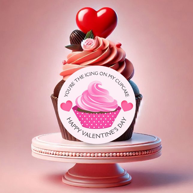Sticker Rond Vous êtes l'Heureuse Sainte-Valentin de glace Cupc (You're the icing on my cupcake Valentine's sticker to seal you packaging or use as cake picks.)