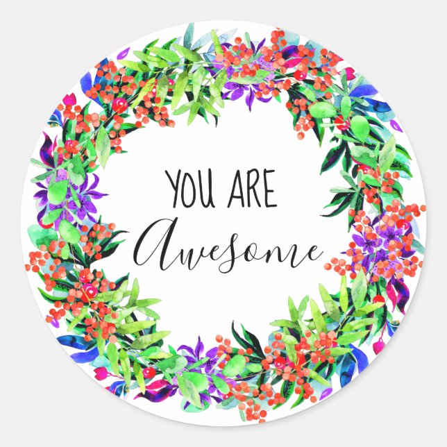 Sticker Rond Vous Êtes Magnifique Boho Floral Aquarelle Verdure (Devant)
