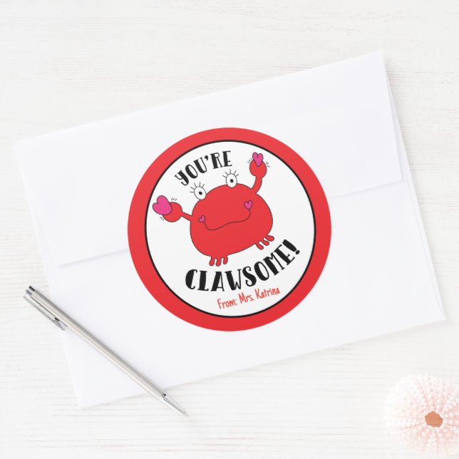 Sticker Rond Vous êtes un Clawsome Cute Crab Valentine's Day Fa (Enveloppe)