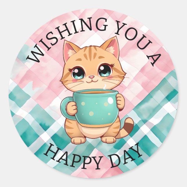 Sticker Rond Vous souhaitant une bonne journée | Chat mignon (Devant)