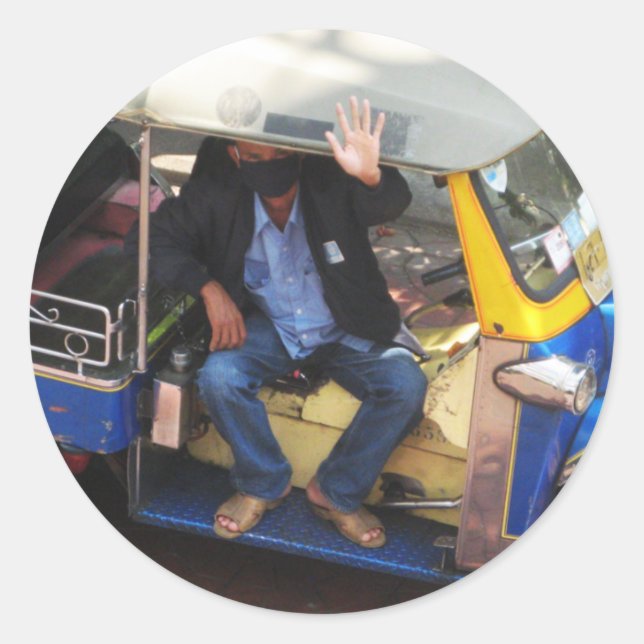 Sticker Rond Vous voulez TAXI TUK-TUK ? (Devant)