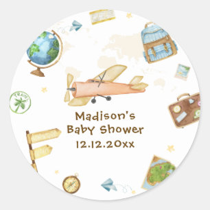 Sticker Rond Voyage autour du monde Fête de bébé avion