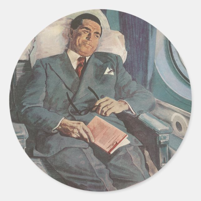 Sticker Rond Voyage d'affaires vintage, lecture dans l'avion (Devant)
