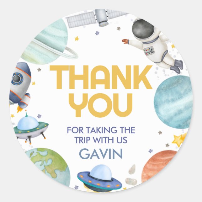 Sticker Rond Voyage d'astronaute autour du soleil Anniversaire (Devant)