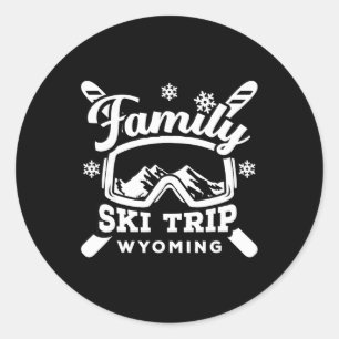 Sticker Rond Voyage de ski familial rétro Wyoming Groupe Neige