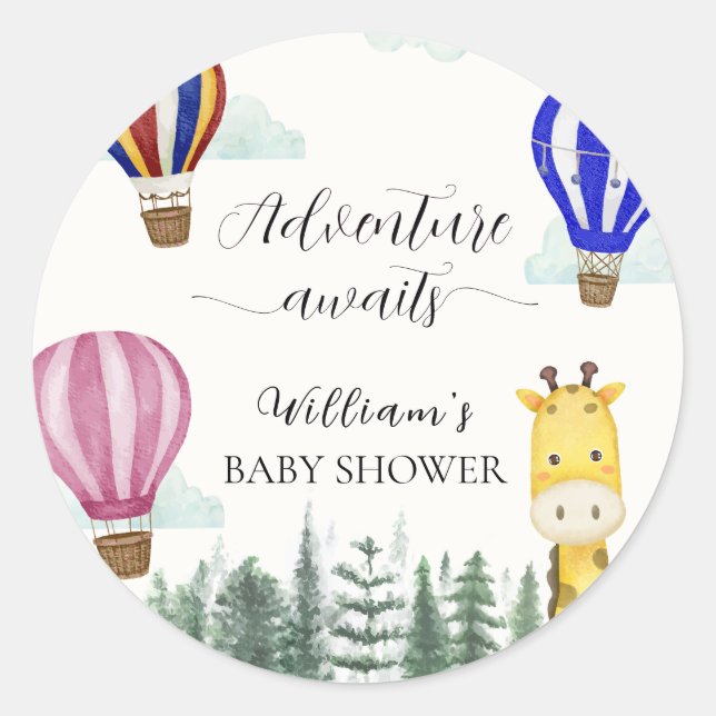 Sticker Rond Voyage Hot Air Balloon Jungle Giraffe Baby shower (Devant)