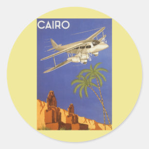 Sticker Rond Voyage Vintage au Caire, Égypte, Avion Biplan