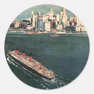 Sticker Rond Voyage Vintage en bateau de croisière jusqu'à New