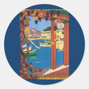 Sticker Rond Voyage Vintage, Méditerranée Riviera française