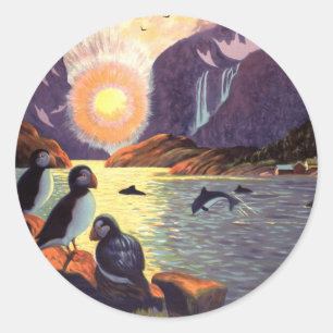 Sticker Rond Voyage Vintage, Norvège Terre du Soleil de Minuit