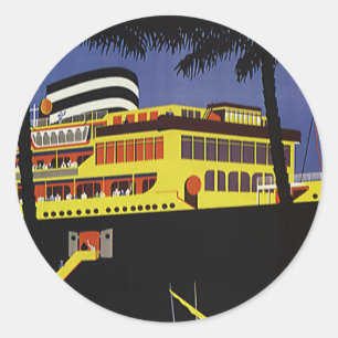 Sticker Rond Voyage Vintage, paquebot Art Déco dans un port