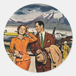 Sticker Rond Voyage Vintage, Touristes sur le tarmac de l'aérop