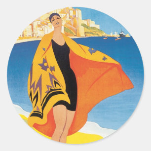 Sticker Rond Voyage Vintage, Vacances à la Plage de Calvi, Cors