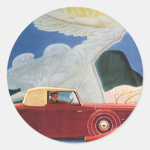 Sticker Rond Voyage Vintage, voiture rouge antique avec femme n