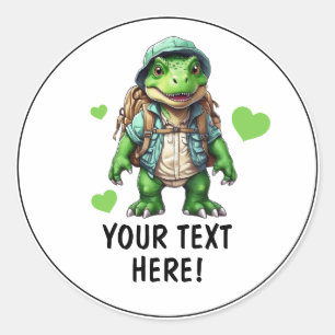 Sticker Rond Voyageur personnalisé blanc et vert cool T-rex