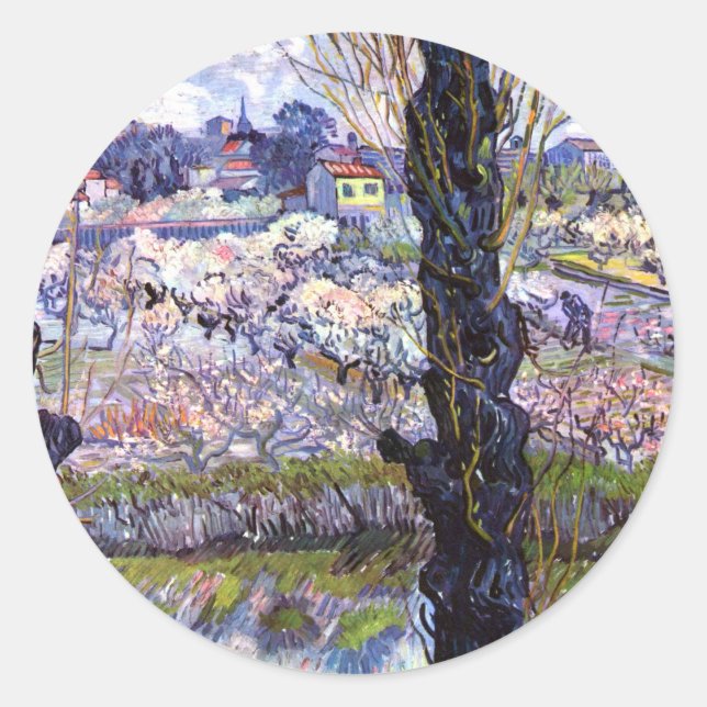 Sticker Rond Vue d'Arles, vergers à fleurs (1889) Van Gogh (Devant)