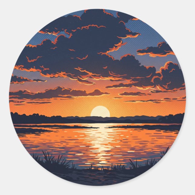 Sticker Rond Vue vibrante du coucher de soleil sur le lac orang (Devant)