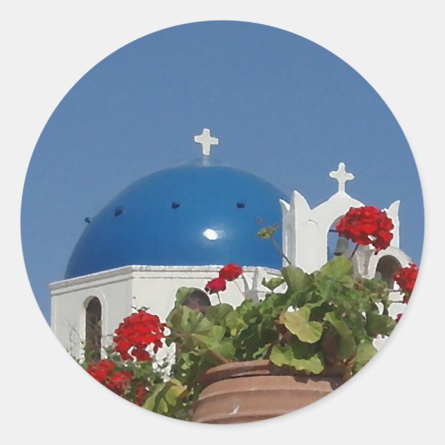 Sticker Rond Vues de l'église sur Santorin, Grèce (Devant)
