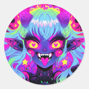 Sticker Rond Wacky Demon Elf Anime Girl Tongue Out