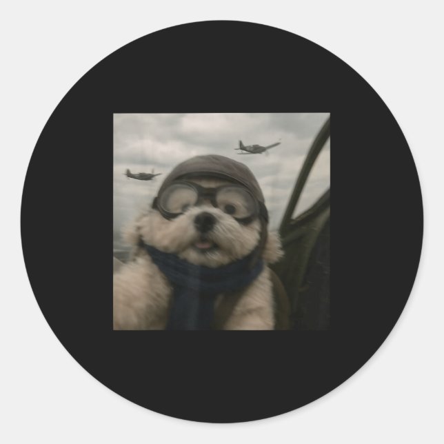 Sticker Rond Wacky Dog Funny Dog Selfie Lot Jet Fighter Airplan (Devant)