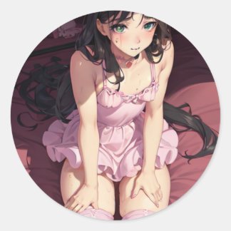 Sticker Rond waifu sexy, jeune adulte sexy au lit