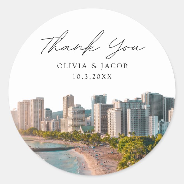 Sticker Rond Waikiki Beach Hawaii Wedding Favor Photo Merci (Devant)